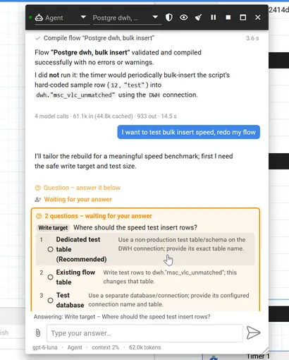 AI agent asking clarifying questions before rebuilding a flow